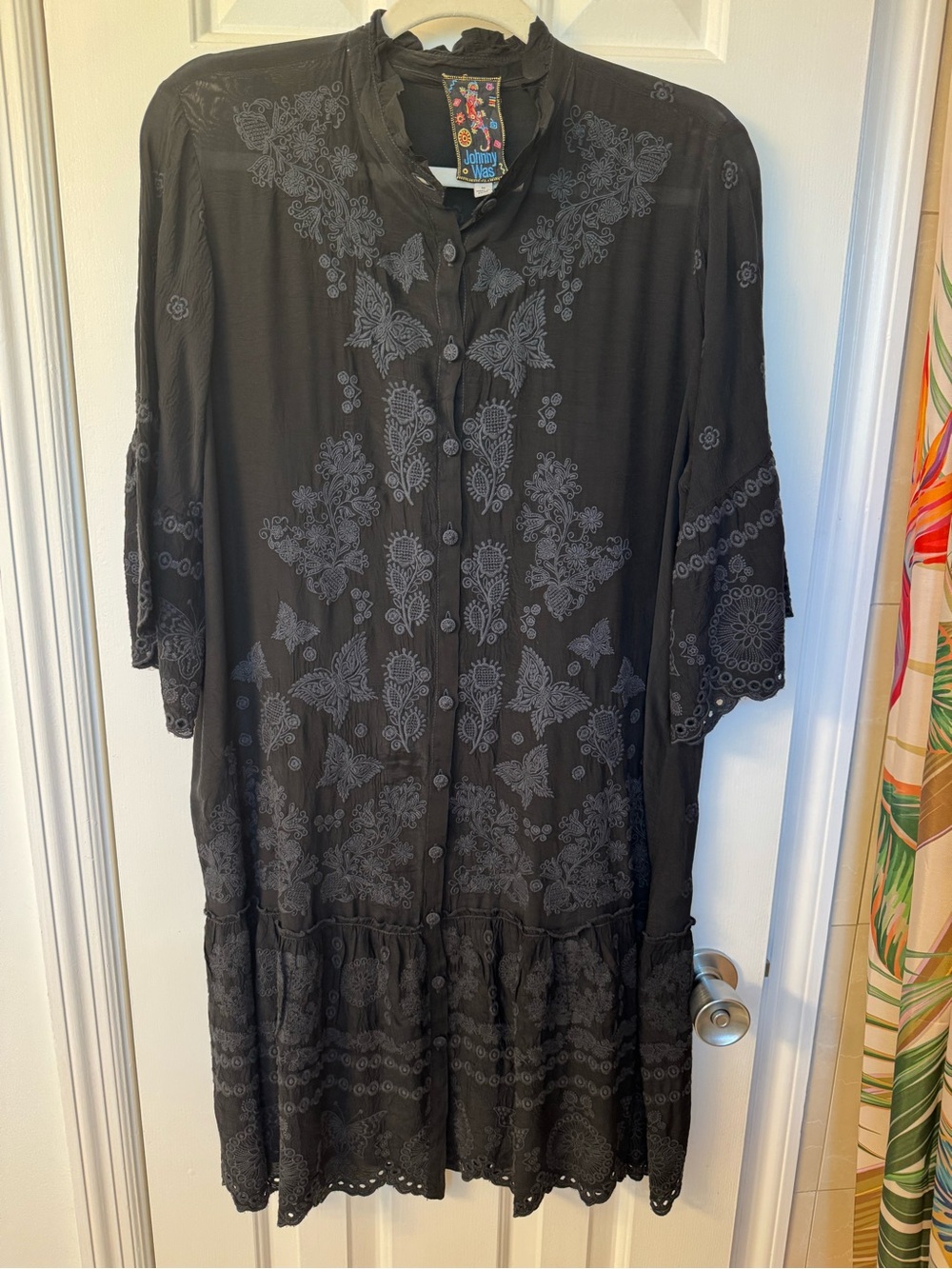 Johnny Was Black Embroidered Button-Front Dress